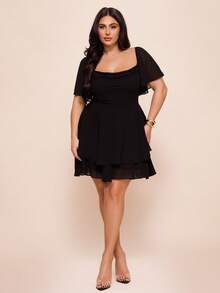 SHEIN BAE 大码女式黑色荷叶边袖连体裤 - 黑色 - 查看 8