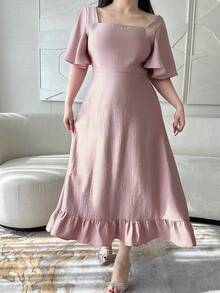 Dazy Plus Đầm dáng rộng, cổ vuông, tay ngắn, thắt eo, màu hồng, kiểu dáng thanh lịch, thích hợp cho mùa xuân/hè. - Hồng - Xem 2