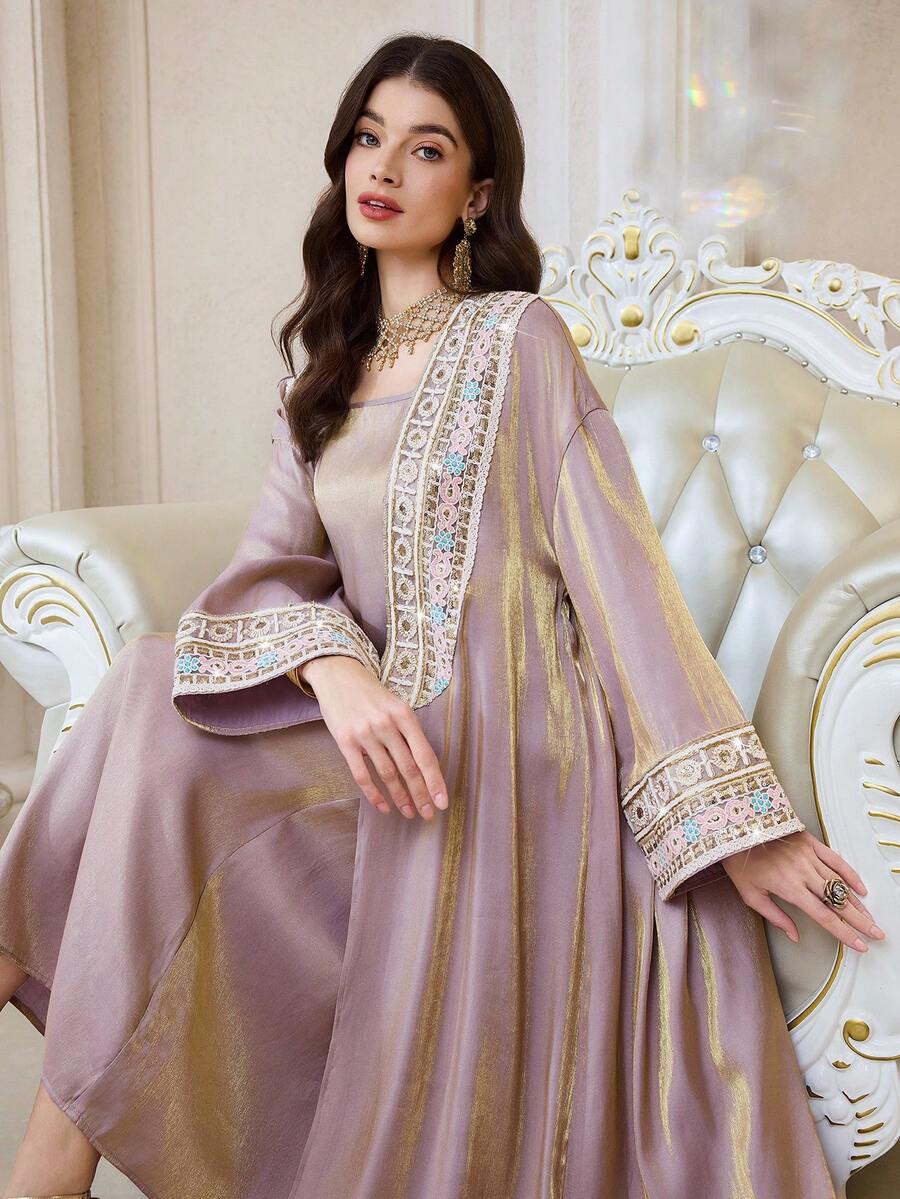 Al Najma 女士优雅阿拉伯长袍，饰有缎带滚边，长袖，含吊带背心套装