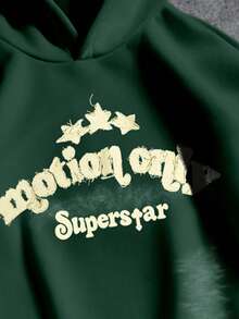 Manfinity ZONE917 Bộ áo hoodie và quần nỉ dáng rộng phong cách đường phố, in hình ngôi sao mờ "SUPERSTAR" và lớp lót giữ nhiệt, màu xanh đậm. - Màu xanh lá cây đậm - Xem 2