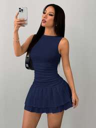 SHEIN PETITE Summer, Autumn And Winter Bottoming Solid White Sleeveless Tight Gathered Mini Double Layer Pleated Women's Dress Sport Dress Sexy Blue Dress Women Tennis Dress Dark Blue Dress Short Blue Dress