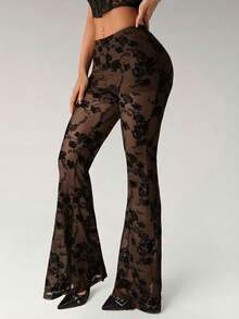 SHEIN ICON 女士时尚性感日常植绒透视喇叭裤 - 棕色 - 查看 3