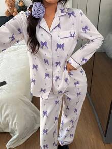Dream Adore 女士新款蝴蝶结印花休闲长袖睡衣套装 - 紫色 - 查看 5