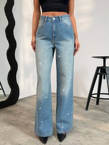 EURMUSE Quần jeans nữ 100% cotton với chi tiết đính đá. - Rửa trung bình - Xem 4
