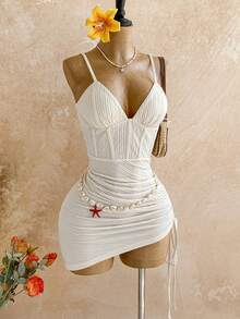 Soleia Women's Red Knitted V-Neck Fishbone Waist Ruched Asymmetric Hem Mini Slip Dress, Vacation - Apricot - View 3