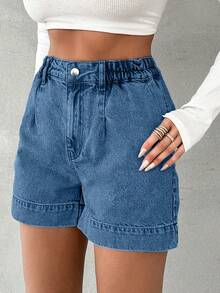 EURMUSE 100%Cotton Ladies Solid Color Simple Denim Shorts,Summer Daily - Dark Wash - View 3