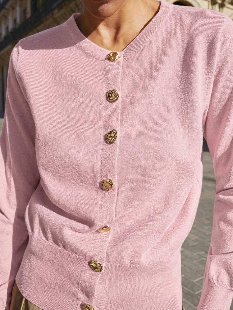 SHEIN Maija Women's Loose Knit Cardigan With Metal Button Decor, Casual Commuter Business Wear, Basic Top For Office, Party, Dating, Summer