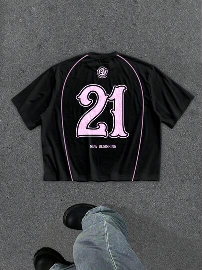 Manfinity ZONE917 Boxy Cropped Loose Avant-Garde Sports Minimalist Contrast Color Line 21 Sports Print Black Short T-Shirt (High Quality) Black Y2k Shirt