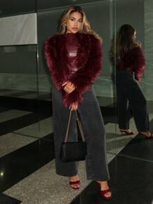 Maria Perezxox 女士时尚性感短款仿皮草大衣，秋冬新品 - 酒紅色 - 查看 4