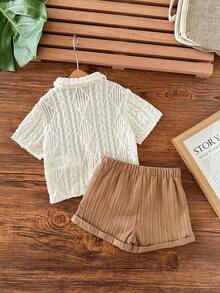 SHEIN Newborn Baby Boy Casual Cute Knitted Apricot Short Sleeve Shirt And Elastic Waist Shorts Set