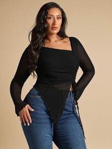 SHEIN BAE 大码女式纯色不对称网纱长袖上衣 - 黑色 - 查看 5