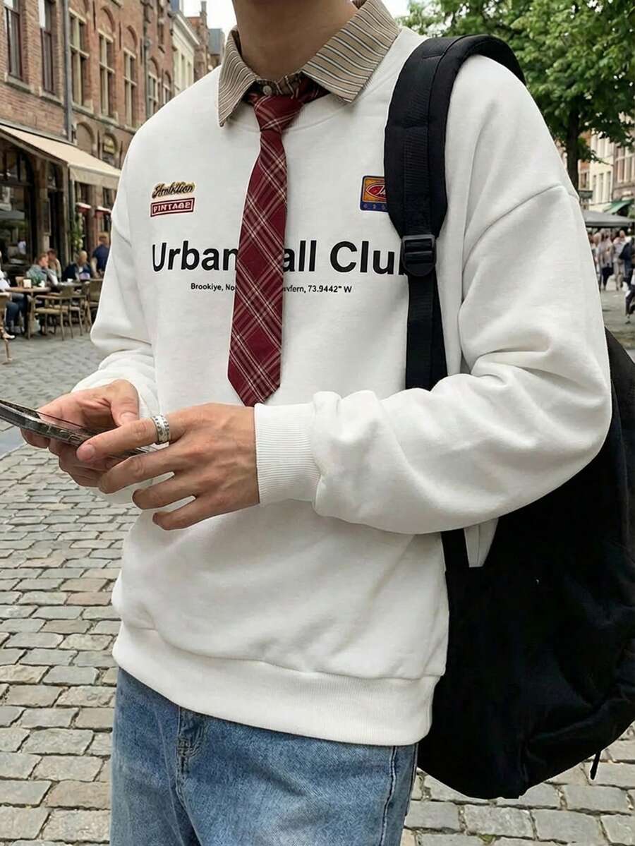 Manfinity Unisex 男士针织休闲宽松长袖二合一抓绒卫衣 - 白色 - 查看 1