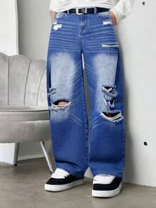 Teen Boy Oversized Loose Fit Distressed Pocket Denim Jeans, All Season - Medium Wash - View 3