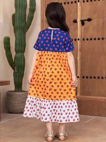 Young Girl Loose Fit Casual Colorblock Rose & Ditsy Floral Patchwork Long Sleeve - Multicolor - View 3