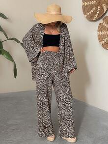 EURMUSE Leopard Print Kimono Lounge Set – Open Front Top & Wide-Leg Pants, Chic Two Pieces Outfit - Multicolor - View 6