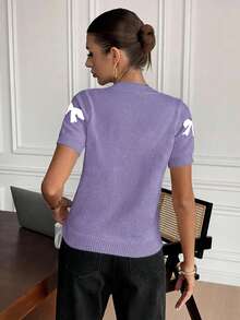 SHEIN Cottnline Women's Colorblock Bow Knit Short Sleeve Top - Lilac Purple - View 2