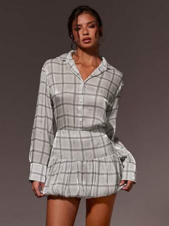 Athîral Women's Plaid Long Sleeve Button-Up Shirt And Floral Peplum Skirt Casual 2-Piece Set