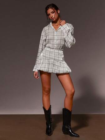 Athîral Women's Plaid Long Sleeve Button-Up Shirt And Floral Peplum Skirt Casual 2-Piece Set