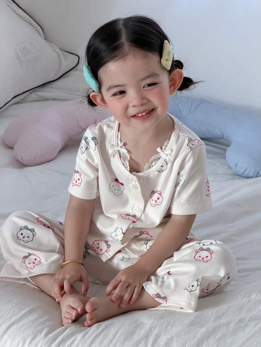 DAZY 2pcs Baby Girls' Lace Patchwork Cartoon Print Long Sleeve T-Shirt And Pants Pajama Set - White - View 1