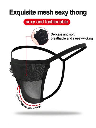 Ropa interior sexy para hombres de cintura media con malla hueca negra y elegante