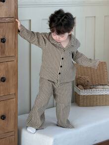 DAZY 2pcs Toddler Boys' Casual Striped Shirt Top And Pants Loungewear Set