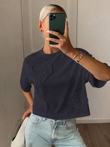 Camiseta corta de manga corta con cuello redondo, plisada y floral, de estilo casual y holgado, para verano Y2K - azul real - Ver 3