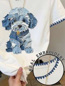 Resyla Women's Casual Cartoon Dog Print Round Neck Short Sleeve T-Shirt, Versatile - White - View 4