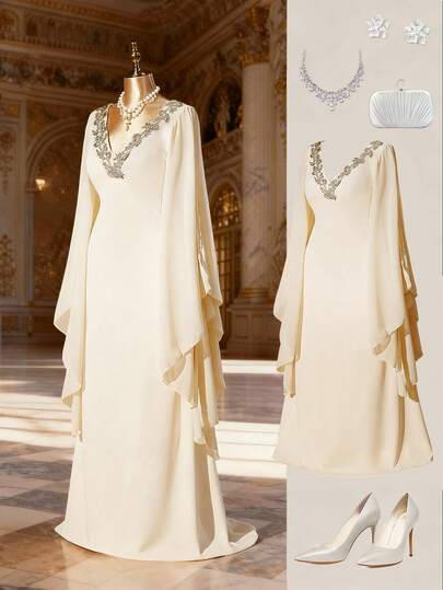 DreamSkyne Plus Size Women's Elegant V-Neck Embroidered Ruffle Hem Dress, Vintage Flowy Bell Sleeve Swing Dress For Formal Occasions, Parties And Vacations Abayas Dubai Luxury Arabic Dress Abaya For Women Dubai Abaya Set