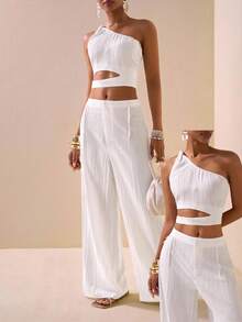 Zivah 2 Pieces Set: Textured Fabric One Shoulder Twist Detail Hollow-Out Waist Crop Top And Wide-Leg Pants With Pockets, Elegant Outfit For Vacation, Commute, Mother's Day, Wedding, Music Festival, Party, Club - White - View 1