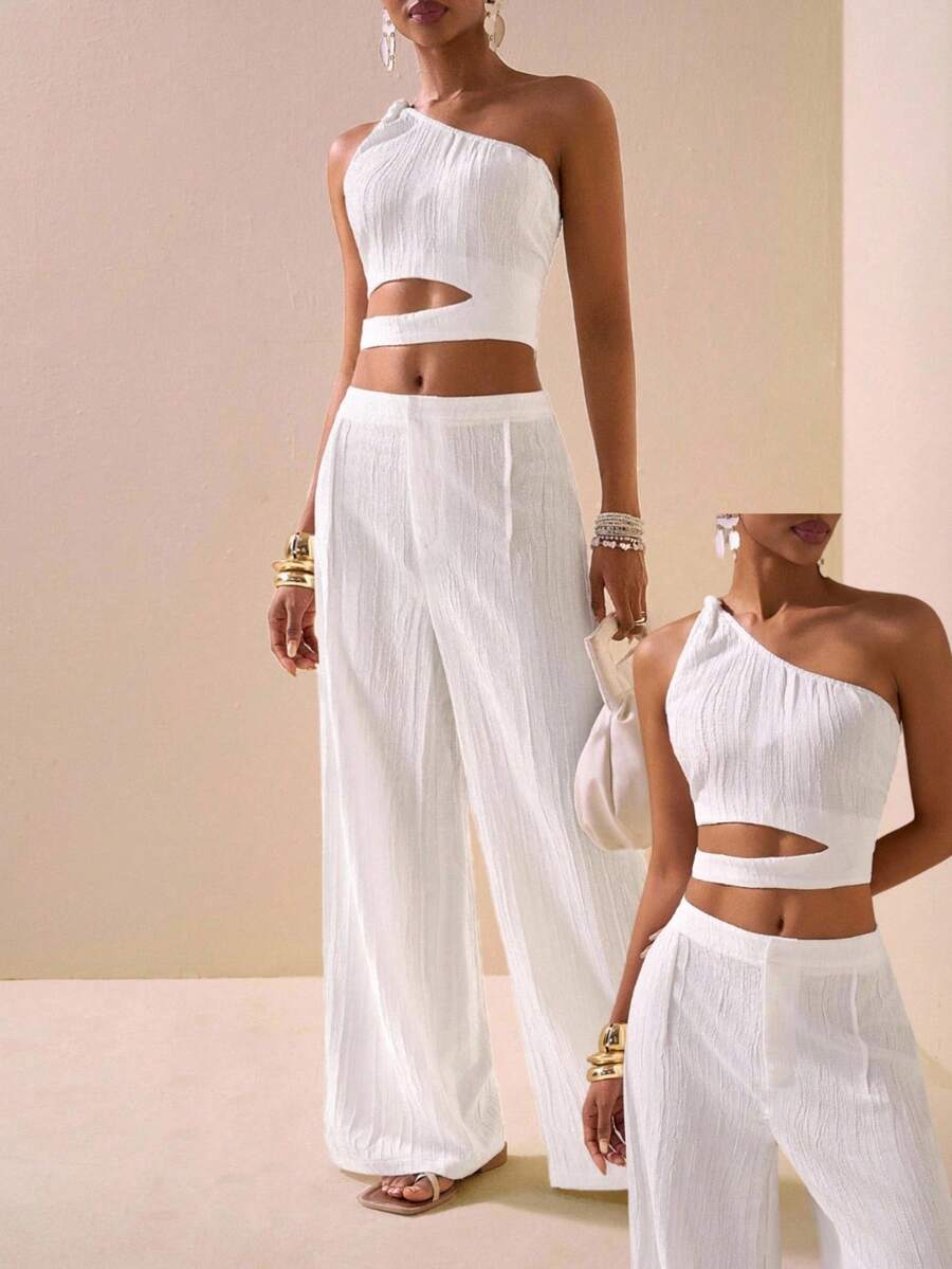 Zivah 2 Pieces Set: Textured Fabric One Shoulder Twist Detail Hollow-Out Waist Crop Top And Wide-Leg Pants With Pockets, Elegant Outfit For Vacation, Commute, Mother's Day, Wedding, Music Festival, Party, Club - White - View 1