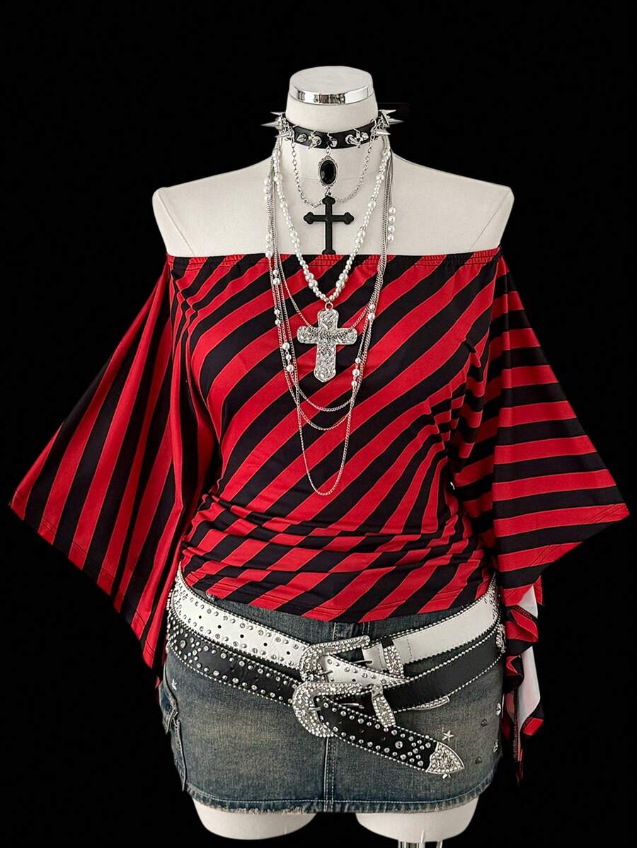 Sunspun Áo thun tay loe họa tiết sọc hở vai nhún eo phong cách Punk cổ điển cỡ lớn dành cho nữ, thích hợp mặc hàng ngày, đi làm, ngày lễ tình nhân, lễ tạ ơn, mùa xuân, mùa hè, mùa thu - Nhiều màu - Xem 1