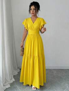 Elenzga Đầm nữ thanh lịch, lãng mạn, cổ chữ V, tay ngắn, eo thon, thích hợp cho dự đám cưới, tiệc tùng, kỳ nghỉ hè. - Vàng nhạt - Xem 4