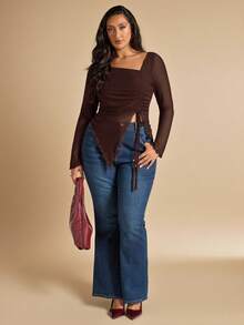 SHEIN BAE Áo thun dài tay ôm dáng, màu trơn, cổ lệch, dây rút, xếp ly, xẻ tà, dành cho nữ cỡ lớn, thích hợp mặc hàng ngày đi làm, mùa xuân/thu. - Cà phê nâu - Xem 6
