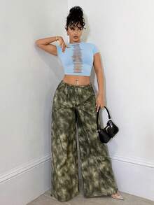 SHEIN BAE 纯色做旧镂空复古风紧身背心，适合音乐节、演唱会、休闲穿着。 - 淺藍色 - 查看 5