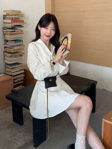 DAZY 女士休闲纯色翻领褶皱宽松迷你连衣裙 - 白色 - 查看 11