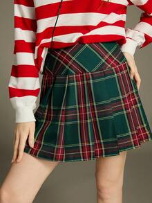 Elnivra Preppy Style Y2K Zip Side Tartan Pleated Skirt For New Year Clothes,Red And Green High-Waisted,Birthday Outfits,Spring/Summer For Valentine's Day - Green - View 4