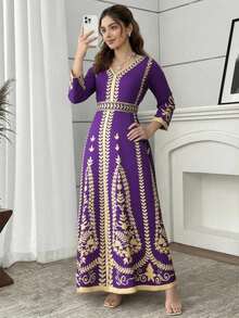 SHEIN Áo choàng Abaya Jalabiya màu tím thanh lịch cổ điển dành cho thanh thiếu niên, mùa xuân/hè, mang các yếu tố thiết kế truyền thống Trung Đông, phù hợp cho các buổi lễ gia đình và sự kiện văn hóa. - Màu tím - Xem 7