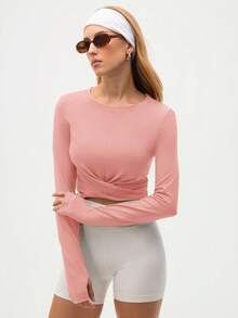 Eassivo Eassivo Women's Pink Fabric Round Neck Long Sleeve Crop Sports Tee With Twist Detail,Twist Front Yoga Top, Stretch Athleisure Workout Tee For Gym And Daily Wear, Cropped Tops, Long Sleeve Cropped Top - Pink - View 4
