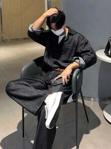 DAZY 男士纯色水洗牛仔西装，春秋季 - 黑色 - 查看 10