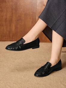 MOTF ZAPATOS DE MUJER MOCASINES DE CUERO PU CON VOLANTES - Negro - Ver 4