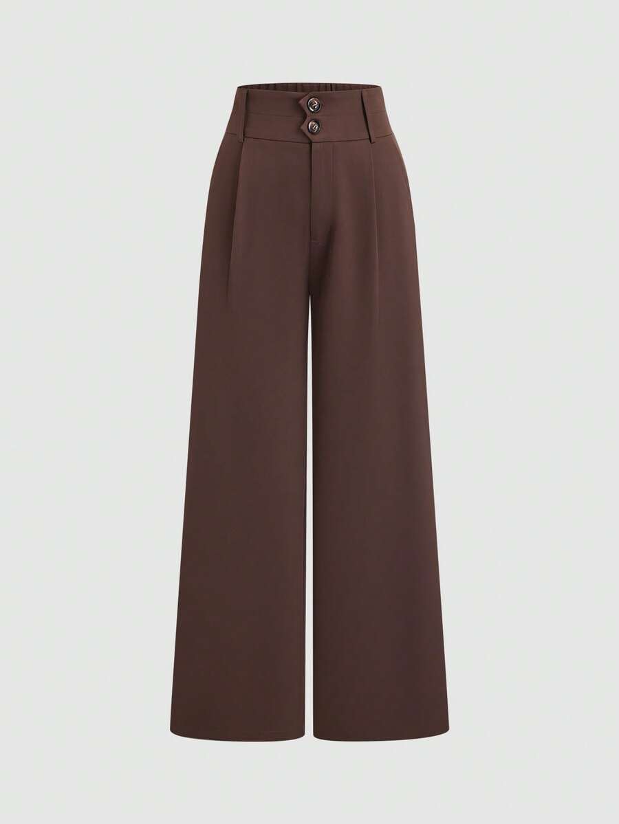 SHEIN Sweetro Retro Chic High-Waisted Double-Button Straight Wide-Leg Pants For Women, Autumn/Winter - Coffee Brown - View 1
