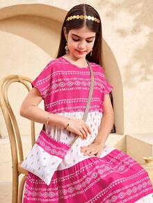 SHEIN Tween Girl Retro Print Color Block Round Neck Short Sleeve A-Line Midi Dress - Hot Pink - View 5