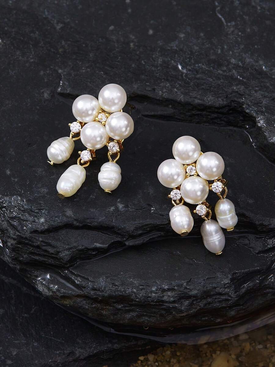 Opalesca Bông tai thanh lịch mạ vàng 18K đính đá Zirconia hình hoa và ngọc trai tự nhiên. - trắng - Xem 1