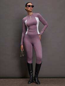 Activina Women's Solid Color High Waist Casual Versatile Daily Outdoor Sports Equestrian Leggings - Dusty Purple - View 6