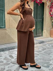 SHEIN 2件套孕妇纯色吊带系带休闲背心和裤子套装，夏季 - 棕色 - 查看 10