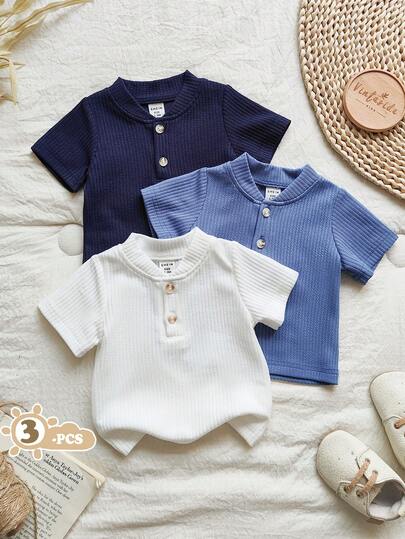 Vintaside Kids 3 st nyfödda babypojkar i avslappnad minimalistisk stil blå mjuka randiga texturerade kortärmade toppar, lämpliga för vardagsbruk, vår/sommar