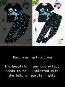 两件套青少年男童极简夜光恐龙印花短袖上衣+星月印花长裤，休闲睡衣，贴身款 - 黑色 - 查看 4