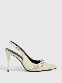 CUCCOO SZL 女士尖头搭扣设计日常通勤时尚高跟鞋 - 米色 - 查看 3