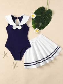 SHEIN 少女沙滩度假泳衣及裙子套装 - 藍白色 - 查看 6