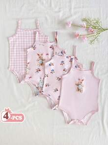 SHEIN Vintaside Kids 4pcs Baby Girls' Casual Cute Rabbit & Bear Pattern Bodysuit, Suitable For Spring/Summer, Daily Wear - Pink - View 4